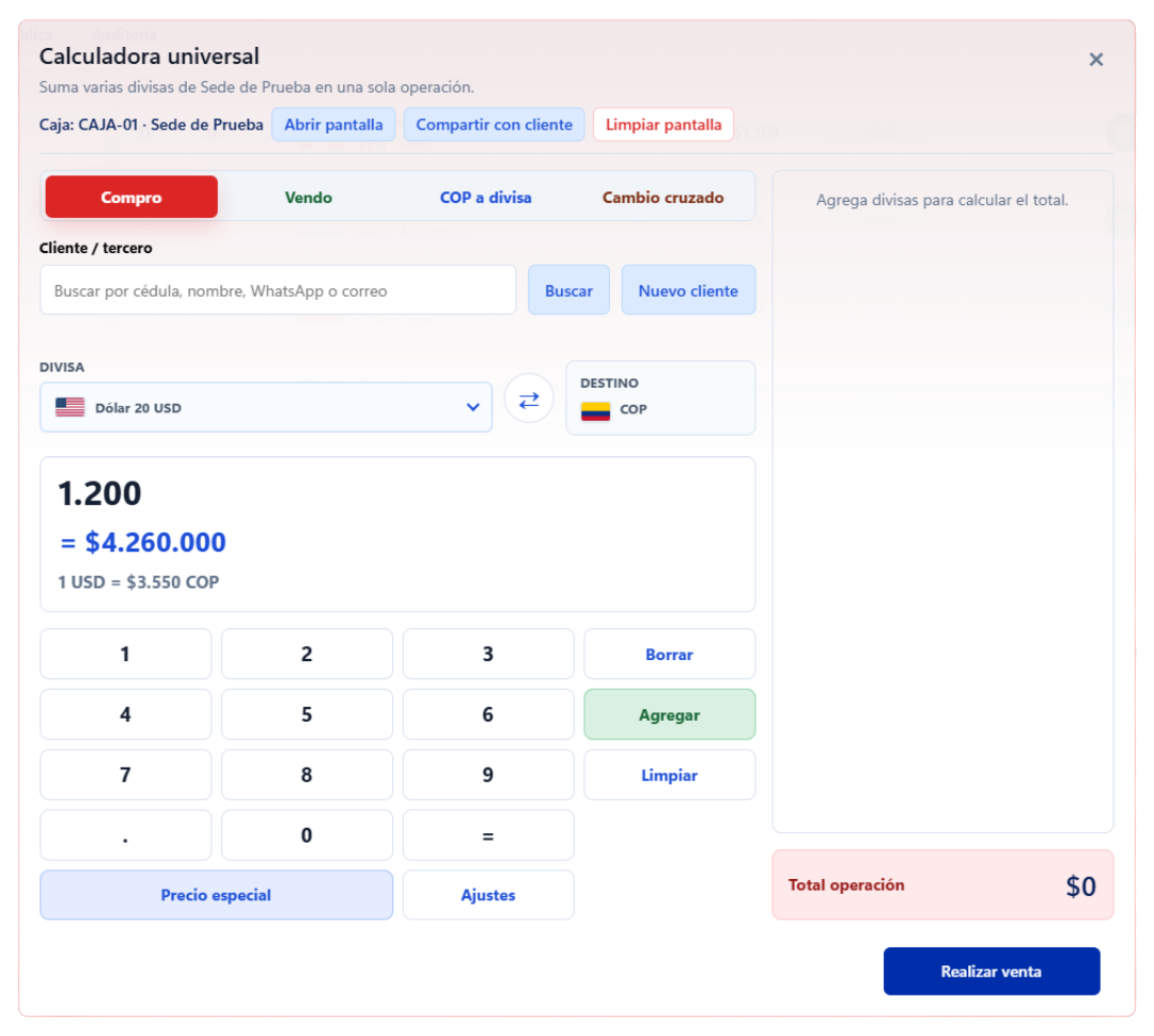 Calculadora universal de divisas de Sistecloud